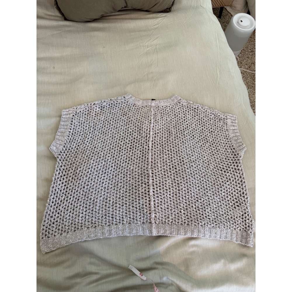 Ann Taylor Open Knit Short Sleeve Sweater‎ Top Oversized Boxy Beige L - Picture 6 of 6